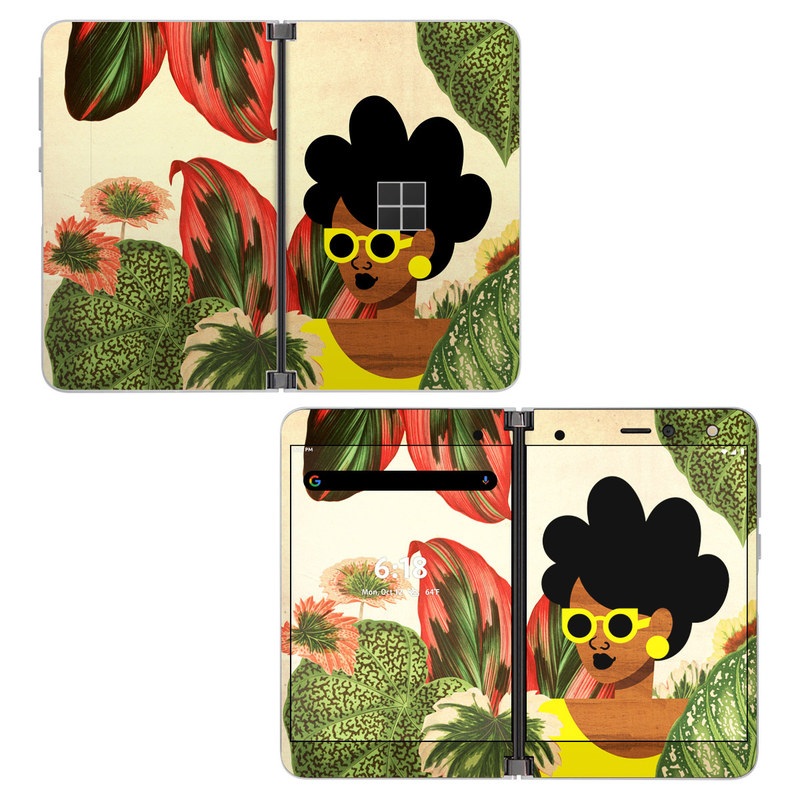 Microsoft Surface Duo Skin design of Illustration, Plant, Botany, Organism, Leaf, Art, Animation, Grass, Flower, Perennial plant, with green, black, brown, yellow, red colors