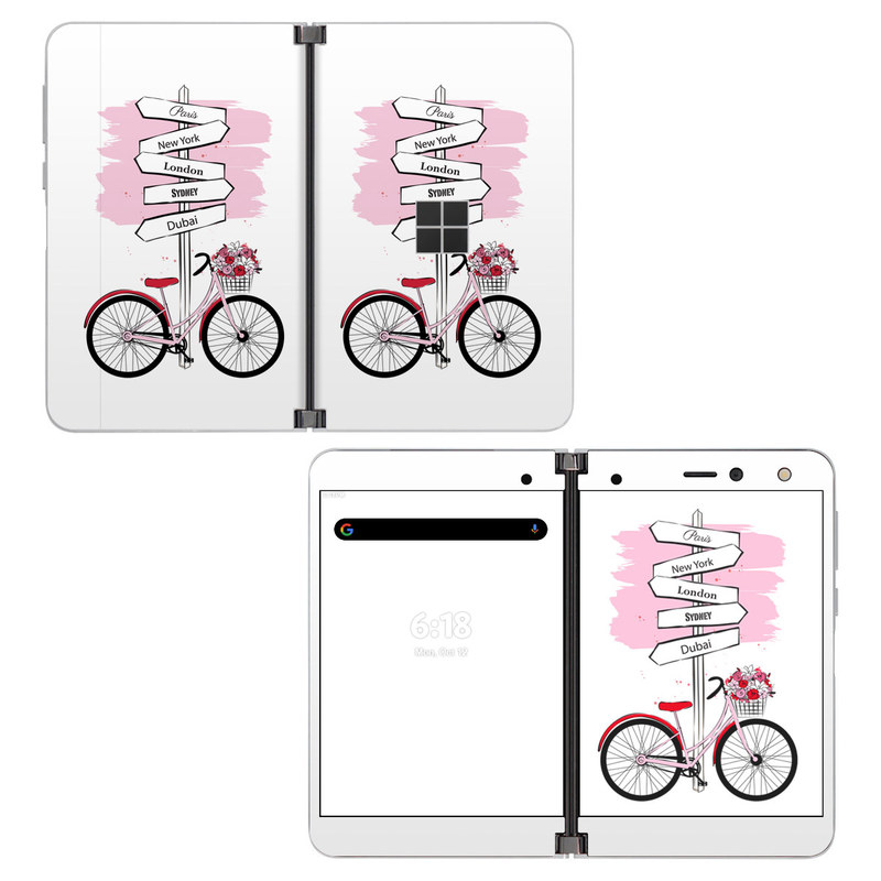 Microsoft Surface Duo Skin design of Bicycle, Wheel, Bicycles--Equipment and supplies, Tire, Bicycle tire, Bicycle frame, Bicycle wheel, Bicycle wheel rim, Vehicle, Bicycle fork, with white, black, red, pink colors