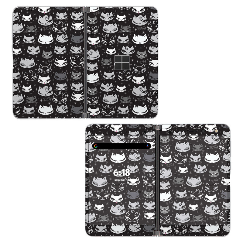 Microsoft Surface Duo Skin design of Pattern, Design, Headgear, Hat, Smile, Team, Crowd, with black, white, gray colors