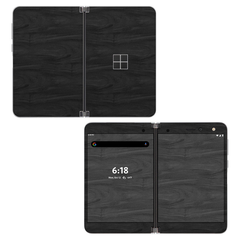 Microsoft Surface Duo Skin design of Black, Brown, Wood, Grey, Flooring, Floor, Laminate flooring, Wood flooring, with black colors