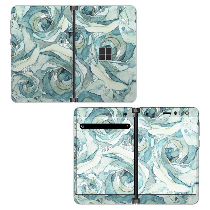 Microsoft Surface Duo Skin design of Rose, Garden roses, Blue, Flower, Rose family, Watercolor paint, Plant, Pattern, Rosa × centifolia, Blue rose, with blue, green colors
