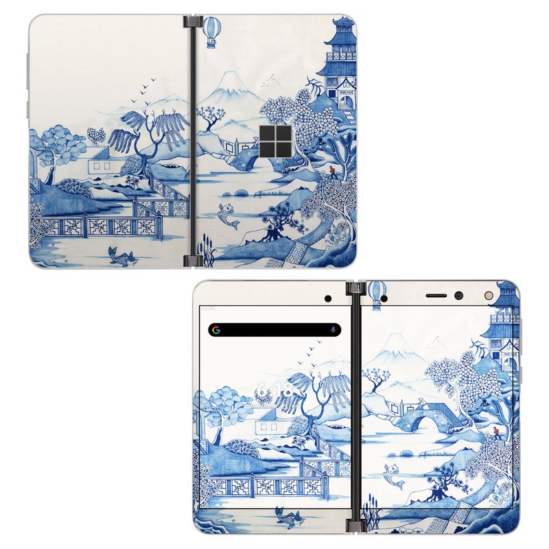 Microsoft Surface Duo Skin design of Blue, Blue and white porcelain, Winter, Christmas eve, Illustration, Snow, World, Art with blue, white colors