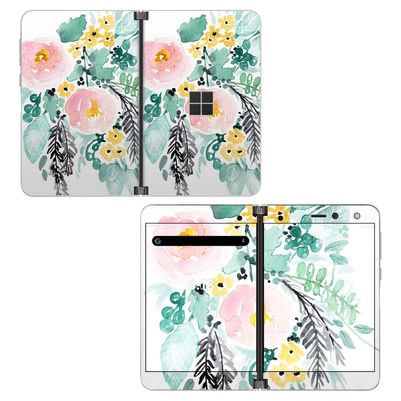 Microsoft Surface Duo Skin design of Branch, Clip art, Watercolor paint, Flower, Leaf, Botany, Plant, Illustration, Design, Graphics, with green, pink, red, orange, yellow colors