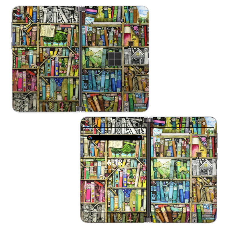 Microsoft Surface Duo Skin design of Collection, Art, Visual arts, Bookselling, Shelving, Painting, Building, Shelf, Publication, Modern art, with brown, green, blue, red, pink colors