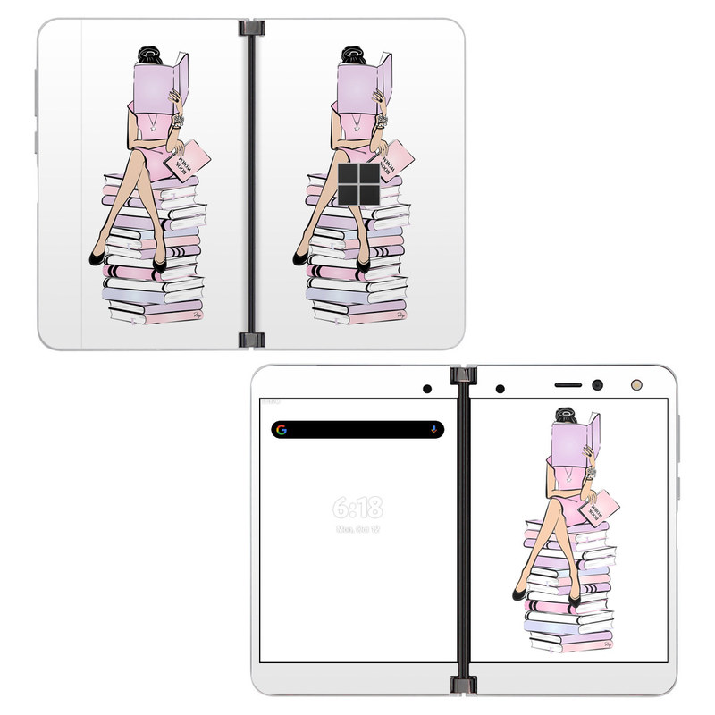 Microsoft Surface Duo Skin design of Gesture, Art, Cartoon, Font, Drawing, Illustration, Painting, Fictional character, Animation, Diagram, with black, white, pink, purple, blue, yellow, brown colors