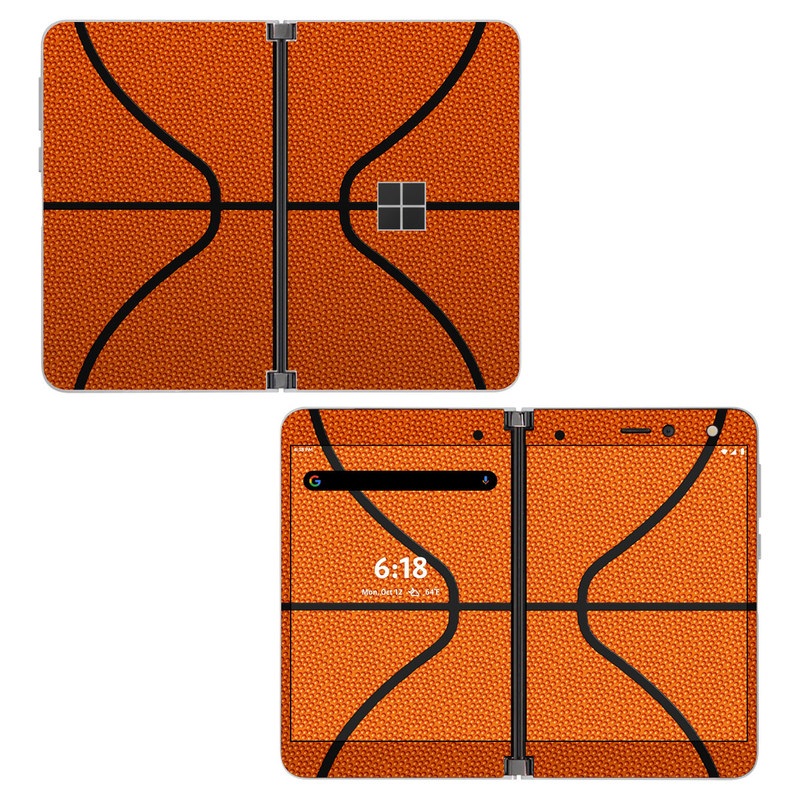 Microsoft Surface Duo Skin design of Orange, Basketball, Line, Pattern, Sport venue, Brown, Yellow, Design, Net, Team sport, with orange, black colors