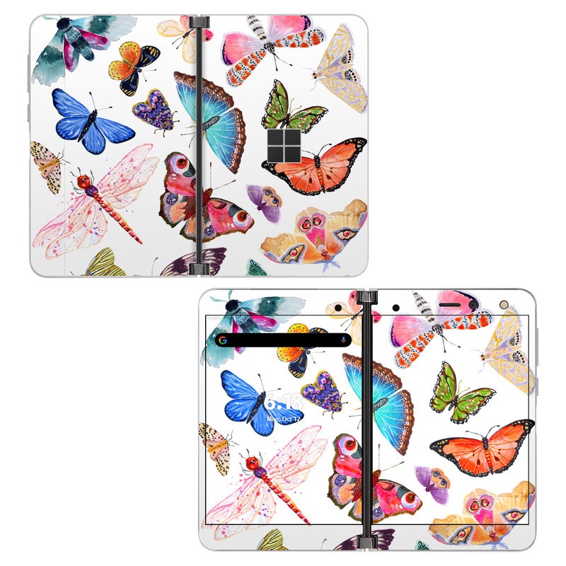 Microsoft Surface Duo Skin design of Butterfly, Pollinator, Insect, Arthropod, Organism, Moths and butterflies, Art, Symmetry, Wing, Illustration, with white, blue, green, red, yellow, orange, pink, brown, purple colors