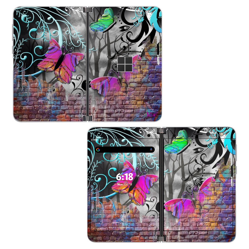 Microsoft Surface Duo Skin design of Purple, Graphic design, Art, Pattern, Graffiti, Organism, Street art, Wall, Font, Illustration, with red, black, gray, purple, orange, blue, green colors