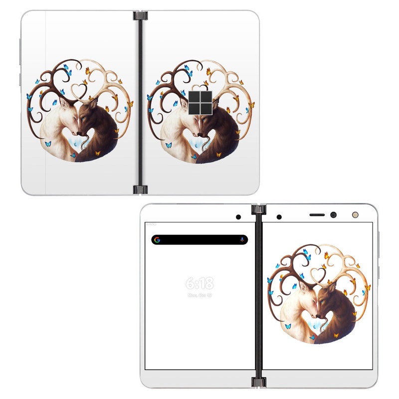 Microsoft Surface Duo Skin design of Gesture, Fawn, Serveware, Horn, Font, Art, Mythical creature, Dishware, Tail, Drinkware, with white, brown, blue, yellow, orange colors