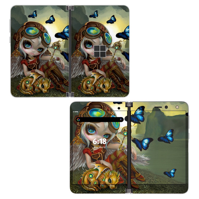 Microsoft Surface Duo Skin design of Cg artwork, Illustration, Fictional character, Art, Mythology, Games, Massively multiplayer online role-playing game, with black, green, red, yellow, brown, blue colors