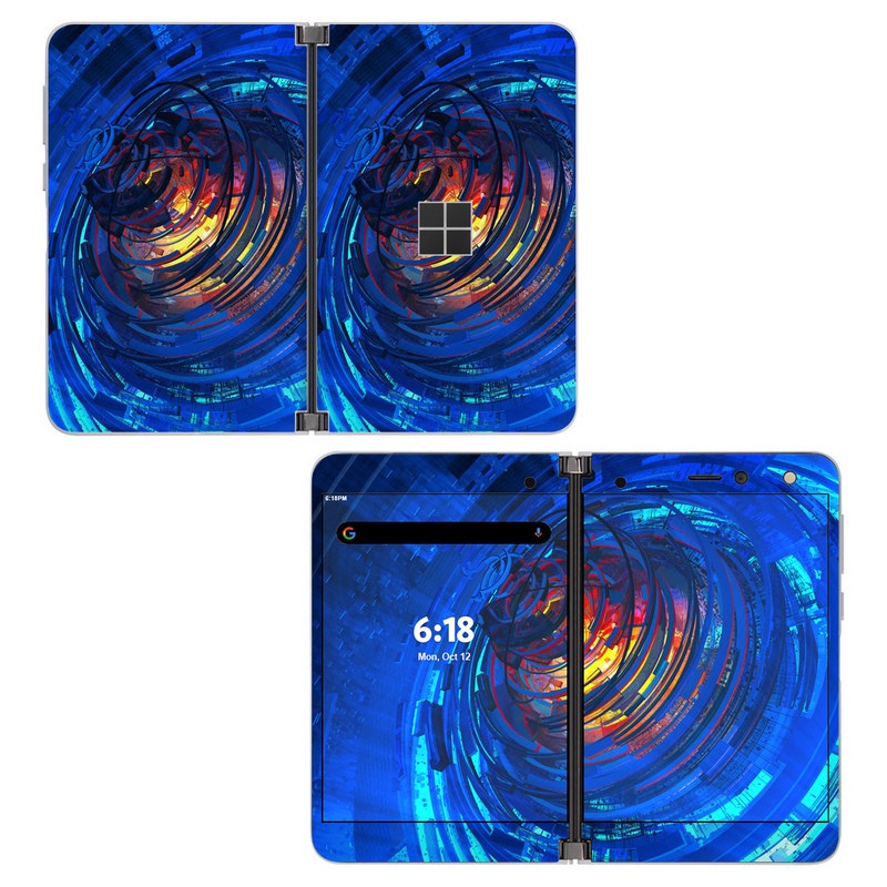Microsoft Surface Duo Skin design of Blue, Water, Circle, Vortex, Electric blue, Wave, Liquid, Graphics, Pattern, Colorfulness, with blue, orange, yellow colors