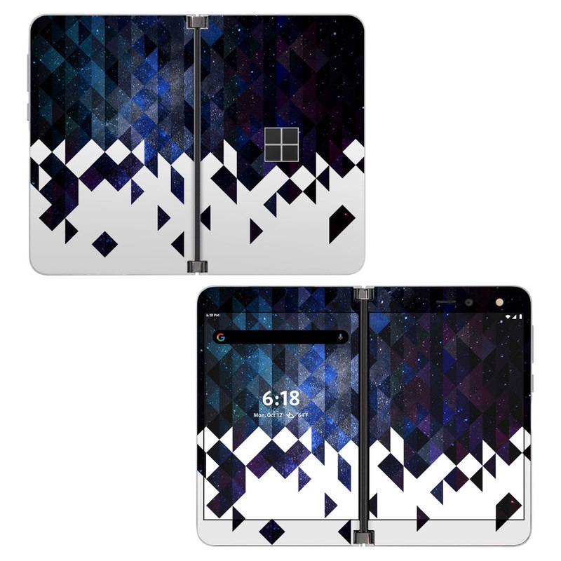 Microsoft Surface Duo Skin design of Text, Pattern, Graphic design, Font, Purple, Design, Line, Triangle, Logo, Graphics, with black, blue, white colors