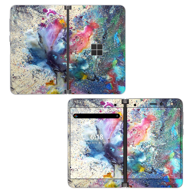 Microsoft Surface Duo Skin design of Watercolor paint, Painting, Acrylic paint, Art, Modern art, Paint, Visual arts, Space, Colorfulness, Illustration, with gray, black, blue, red, pink colors