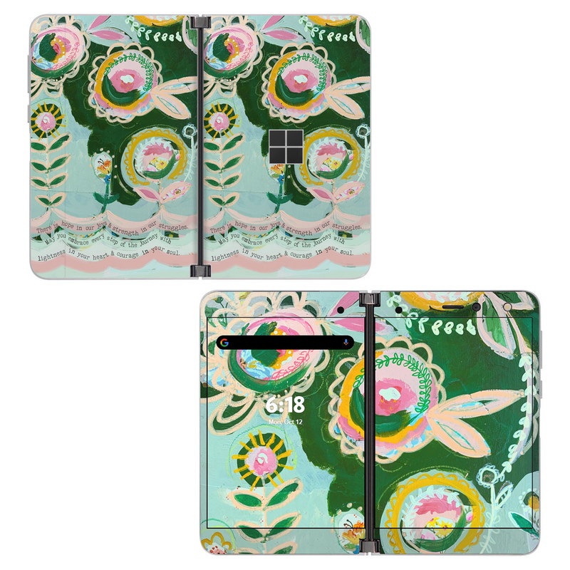 Microsoft Surface Duo Skin design of Textile, Art, Font, Creative arts, Pattern, Painting, Circle, Illustration, Motif, Drawing, with blue, green, pink, yellow, orange, black colors