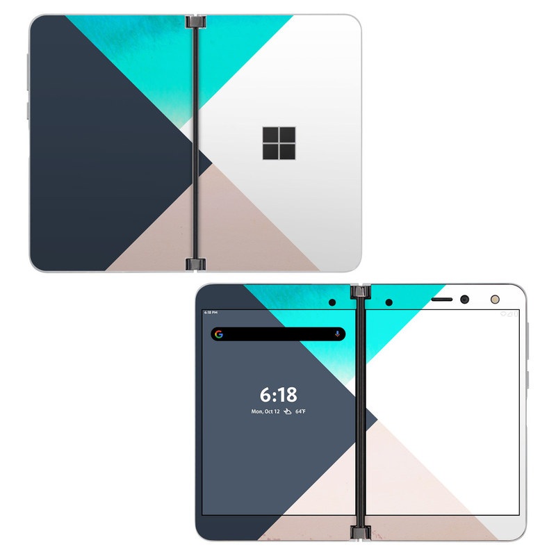 Microsoft Surface Duo Skin design of Blue, Turquoise, Aqua, Line, Triangle, Design, Material property, Graphic design, Pattern, Architecture, with black, white, brown, blue colors