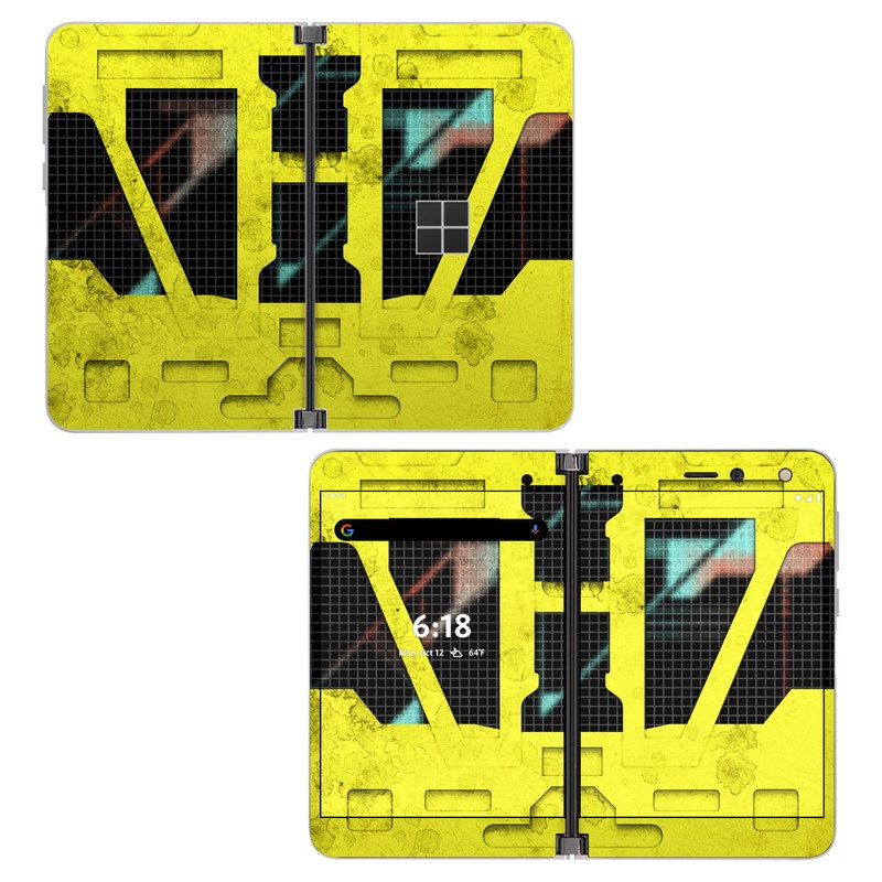 Microsoft Surface Duo Skin design of Yellow, Green, Font, Pattern, Graphic design, with black, yellow, gray, blue, green colors
