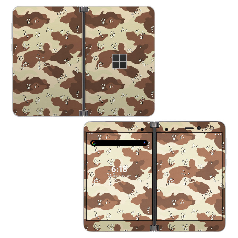 Microsoft Surface Duo Skin design of Military camouflage, Brown, Pattern, Design, Camouflage, Textile, Beige, Illustration, Uniform, Metal, with gray, red, black, green colors