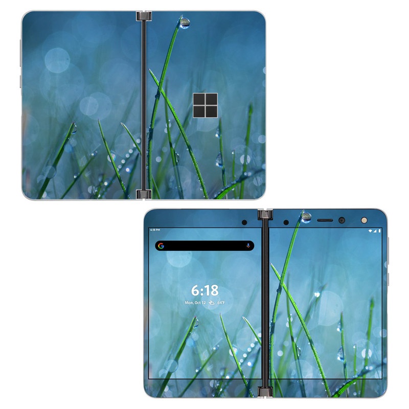 Microsoft Surface Duo Skin design of Moisture, Dew, Water, Green, Grass, Plant, Drop, Grass family, Macro photography, Close-up, with blue, black, green, gray colors