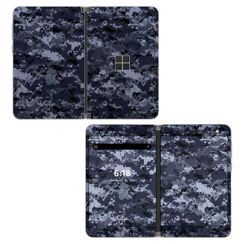 Microsoft Surface Duo Skin design of Military camouflage, Black, Pattern, Blue, Camouflage, Design, Uniform, Textile, Black-and-white, Space, with black, gray, blue colors