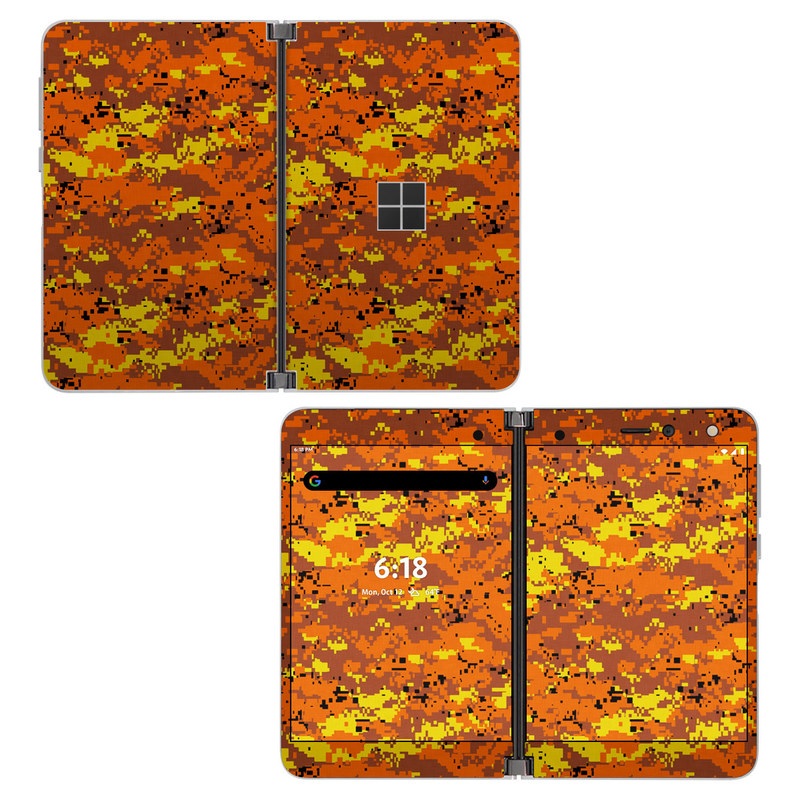 Microsoft Surface Duo Skin design of Orange, Yellow, Leaf, Tree, Pattern, Autumn, Plant, Deciduous, with red, green, black colors