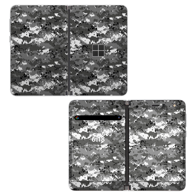 Microsoft Surface Duo Skin design of Military camouflage, Pattern, Camouflage, Design, Uniform, Metal, Black-and-white, with black, gray colors