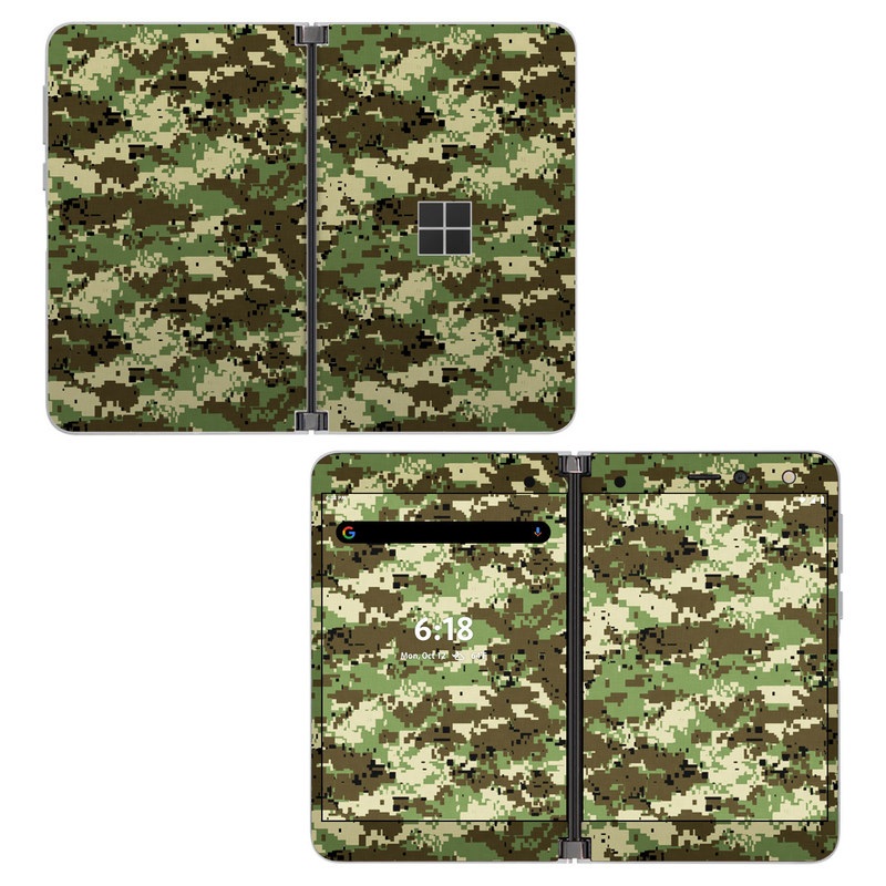 Microsoft Surface Duo Skin design of Military camouflage, Pattern, Camouflage, Green, Uniform, Clothing, Design, Military uniform, with black, gray, green colors