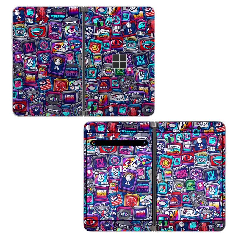 Microsoft Surface Duo Skin design of Pattern, Font, Art, Visual arts, Collection, with red, blue, black, gray, purple, yellow, white, green colors