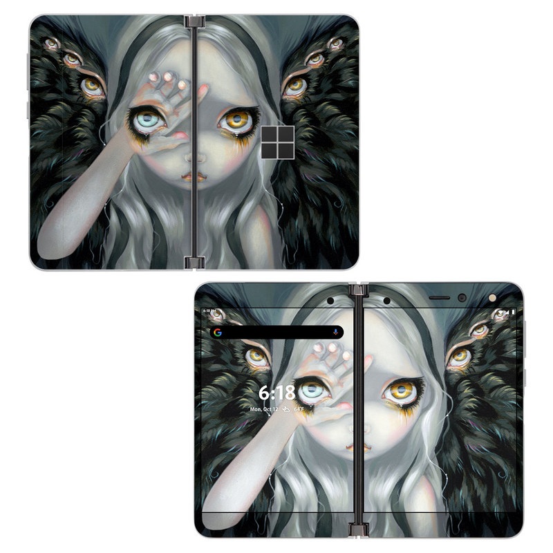 Microsoft Surface Duo Skin design of Face, Head, Cg artwork, Eye, Illustration, Organ, Fictional character, Art, Iris, Darkness, with black, gray, blue, green colors