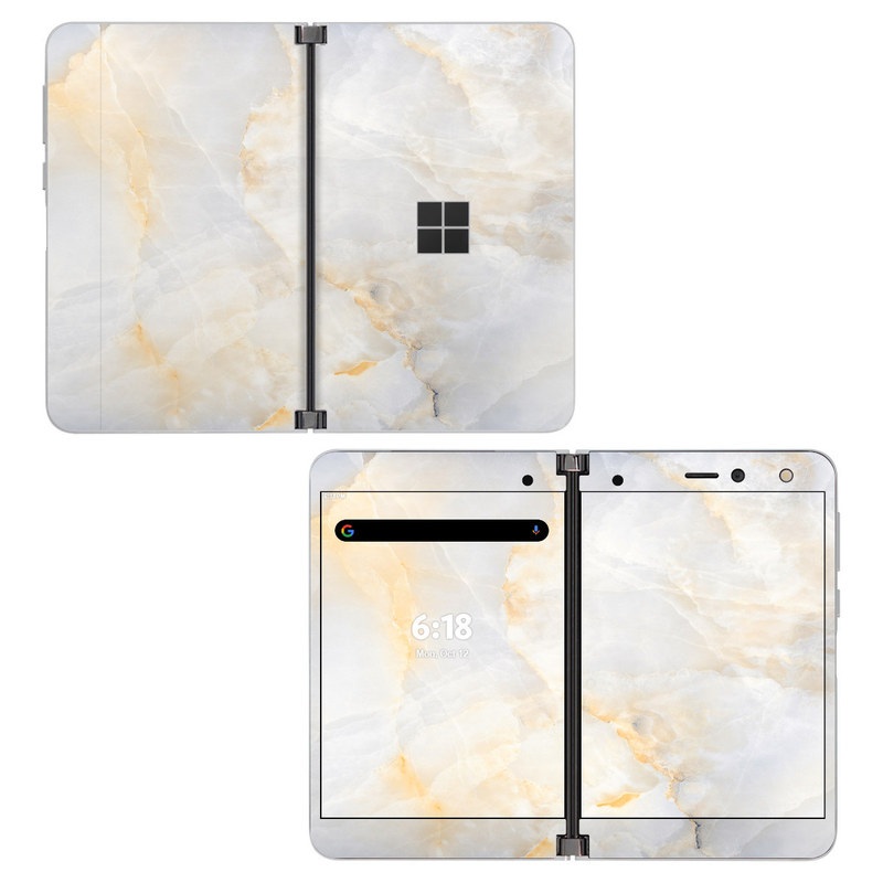 Microsoft Surface Duo Skin design of White, Textile, Flooring, Marble, Paper, Pattern, Fashion accessory, Tile, with white, orange, black, yellow colors