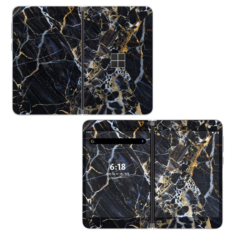 Microsoft Surface Duo Skin design of Black, Yellow, Rock, Brown, Marble, Water, Close-up, Granite, Pattern, Geology, with black, white, orange, gray, yellow colors