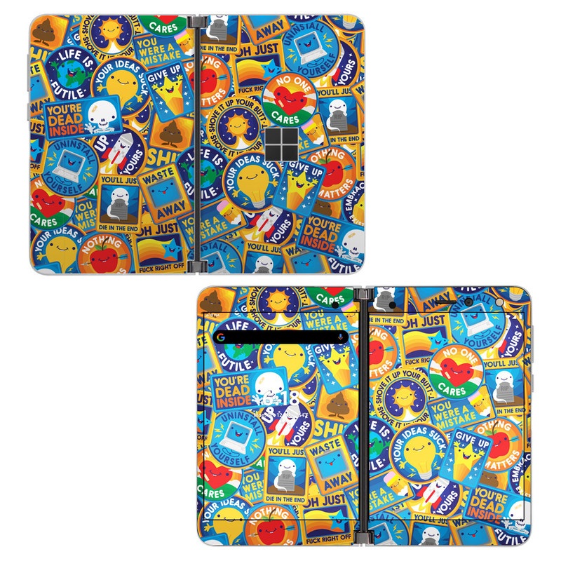 Microsoft Surface Duo Skin design of Pattern, Visual arts, Design, Art, Mosaic, Psychedelic art, with blue, yellow, orange, white, green, red, gray colors