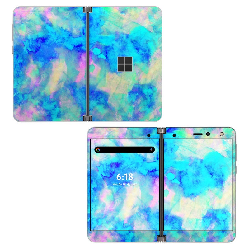 Microsoft Surface Duo Skin design of Blue, Turquoise, Aqua, Pattern, Dye, Design, Sky, Electric blue, Art, Watercolor paint, with blue, purple colors