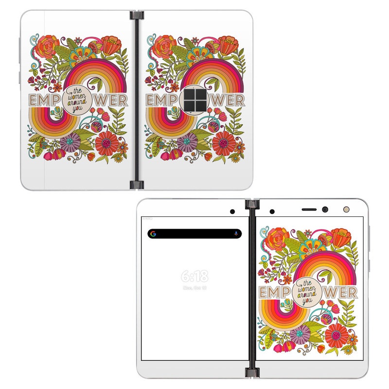 Microsoft Surface Duo Skin design of Botany, Flower, Font, Creative arts, Petal, Circle, Pattern, Art, Visual arts, Floral design, with white, red, yellow, orange, green, blue colors