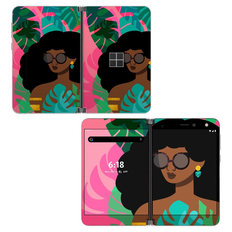 Microsoft Surface Duo Skin design of Illustration, Afro, Art, Eyewear, Glasses, Graphic design, Visual arts, Graphics, Fictional character, with brown, black, green, pink, blue, yellow colors