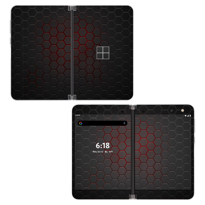 Microsoft Surface Duo Skin design of Black, Pattern, Metal, Design, Mesh, Carbon, Space, Wallpaper, with black, red colors
