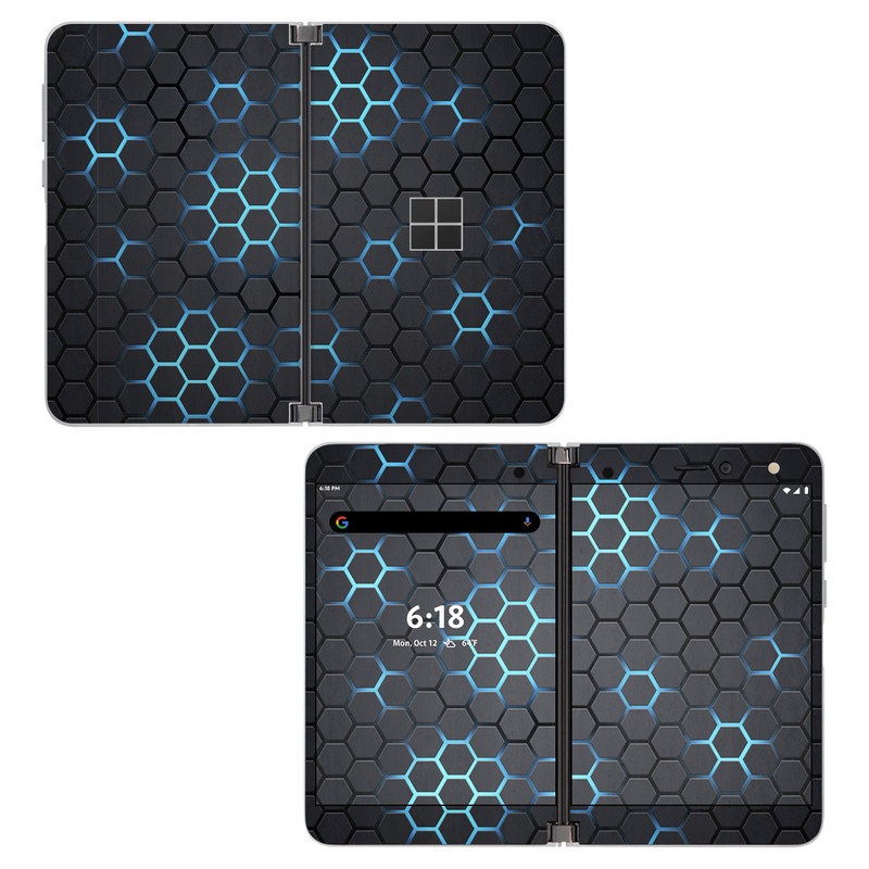 Microsoft Surface Duo Skin design of Pattern, Water, Design, Circle, Metal, Mesh, Sphere, Symmetry with black, gray, blue colors
