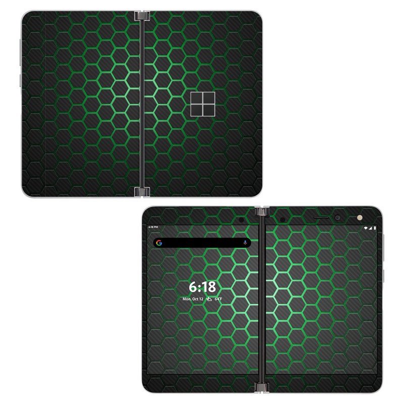 Microsoft Surface Duo Skin design of Pattern, Metal, Design, Carbon, Space, Circle, with black, gray, green colors