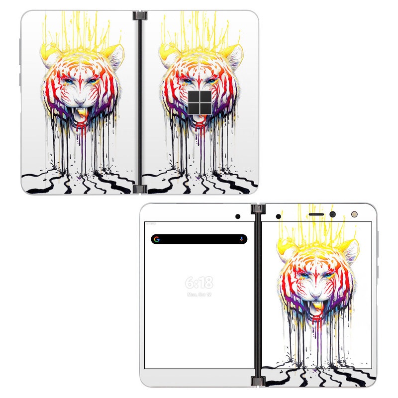 Microsoft Surface Duo Skin design of Jaw, Roar, Organism, Gesture, Art, Font, Felidae, Painting, Illustration, Drawing, with white, black, yellow, red, orange, purple colors
