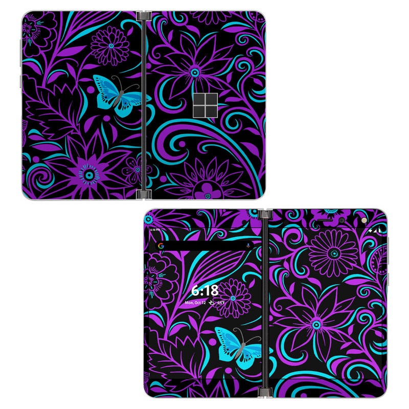 Microsoft Surface Duo Skin design of Pattern, Purple, Violet, Turquoise, Teal, Design, Floral design, Visual arts, Magenta, Motif, with black, purple, blue colors