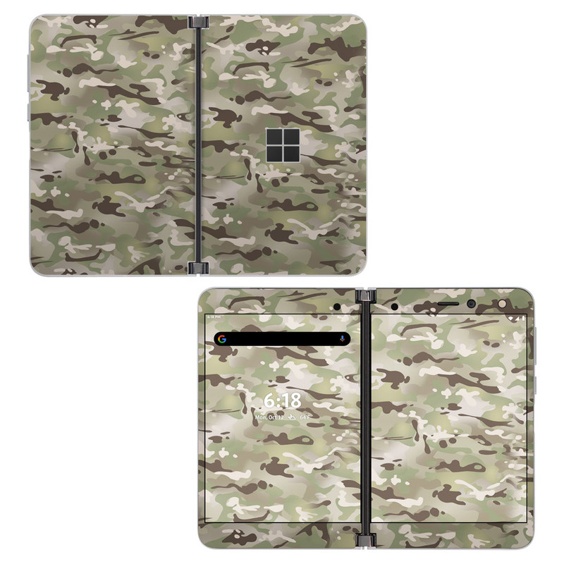 Microsoft Surface Duo Skin design of Military camouflage, Camouflage, Pattern, Clothing, Uniform, Design, Military uniform, Bed sheet, with gray, green, black, red colors