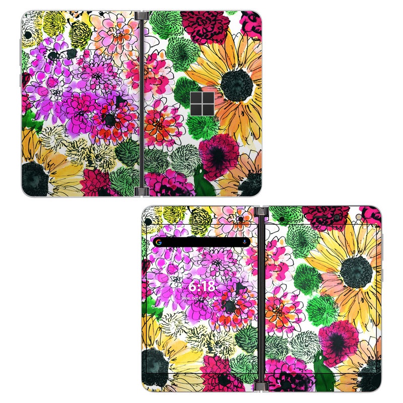 Microsoft Surface Duo Skin design of Flower, Floral design, Plant, Gazania, african daisy, Petal, Pattern, Botany, Wildflower, Design, with red, yellow, green, pink, black colors