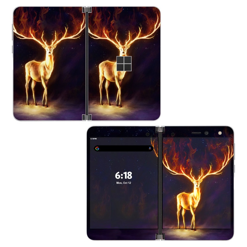 Microsoft Surface Duo Skin design of Plant, Tree, Organism, Entertainment, Fawn, Art, Heat, Performing arts, Landscape, Sky, with black, yellow, red, orange, purple colors