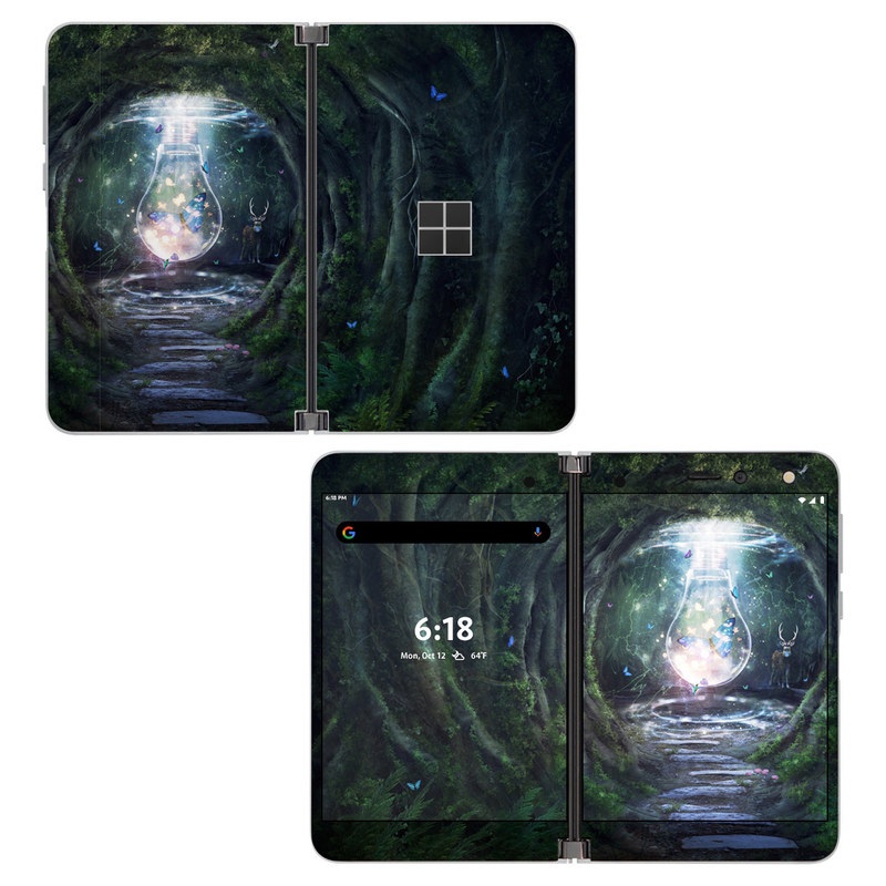 Microsoft Surface Duo Skin design of Nature, Green, Darkness, Natural environment, Light, Infrastructure, Tunnel, Tree, Forest, Art with white, black, brown, green, blue, yellow colors