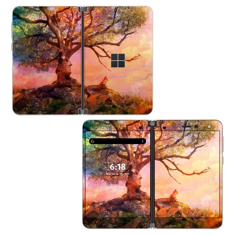 Microsoft Surface Duo Skin design of Nature, Tree, Sky, Natural landscape, Branch, Leaf, Woody plant, Trunk, Landscape, Plant, with pink, red, black, green, gray, orange colors