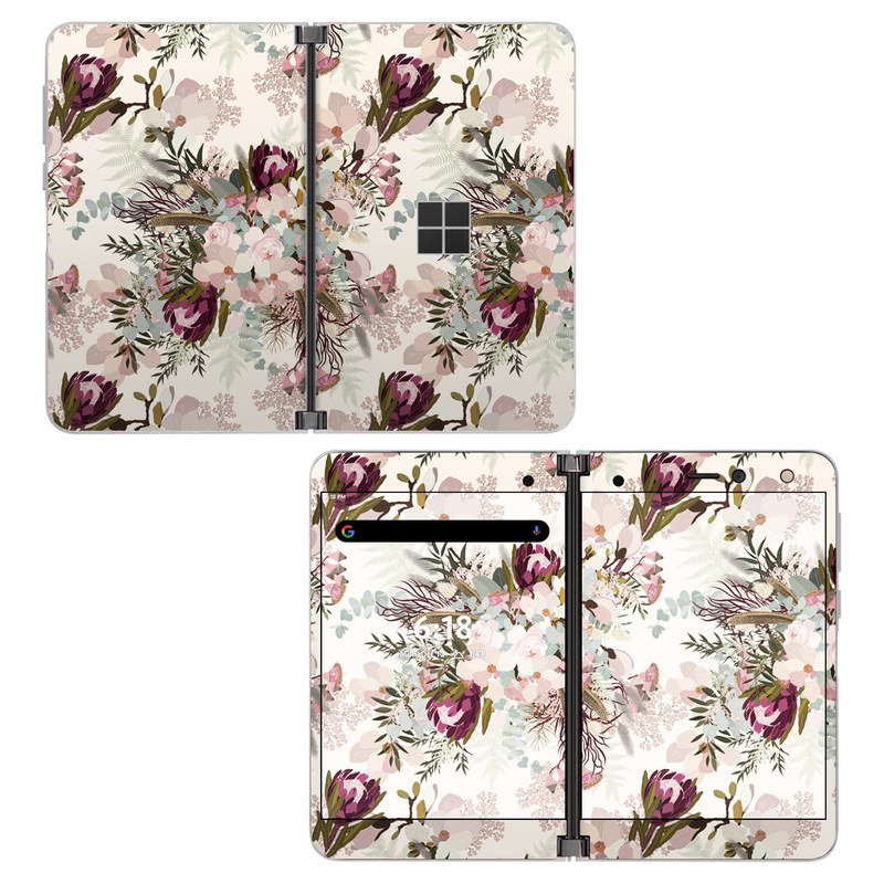 Microsoft Surface Duo Skin design of Pink, Pattern, Lilac, Flower, Plant, Petal, Floral design, Textile, Design, Blossom, with white, red, pink, blue, brown colors