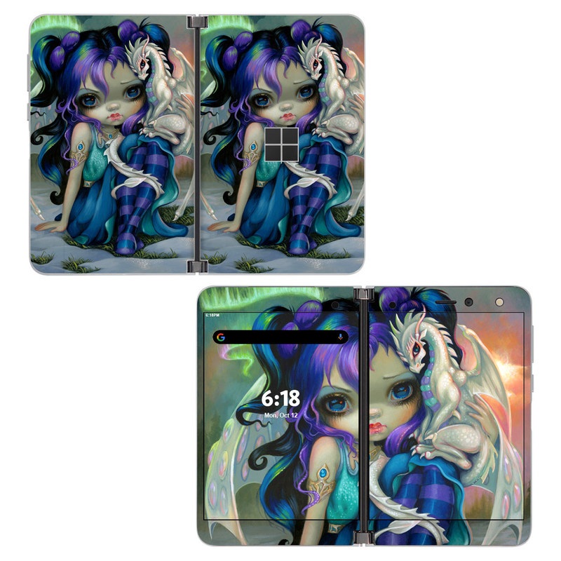 Microsoft Surface Duo Skin design of Illustration, Fictional character, Cg artwork, Art, Mythology, Anime, Mythical creature, with green, blue, purple, yellow, red, white colors