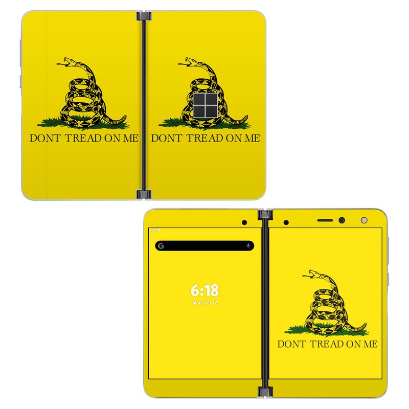 Microsoft Surface Duo Skin design of Yellow, Font, Logo, Graphics, Illustration, with orange, black, green colors