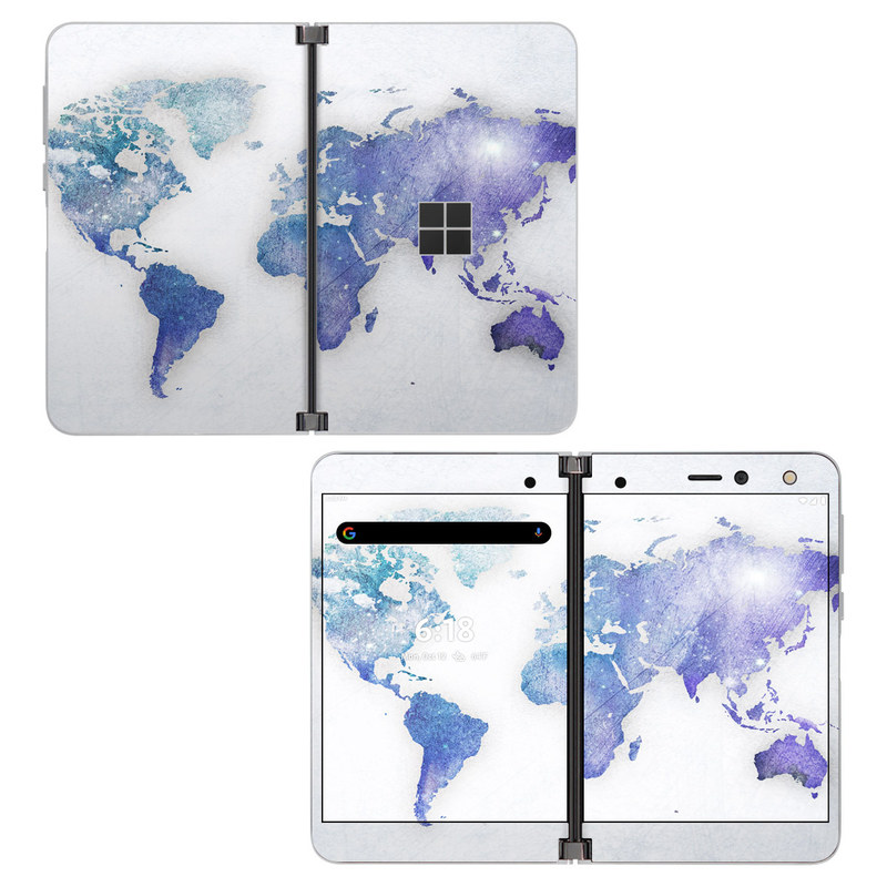 Microsoft Surface Duo Skin design of World, Map, Watercolor paint, Illustration, with white, blue, purple colors