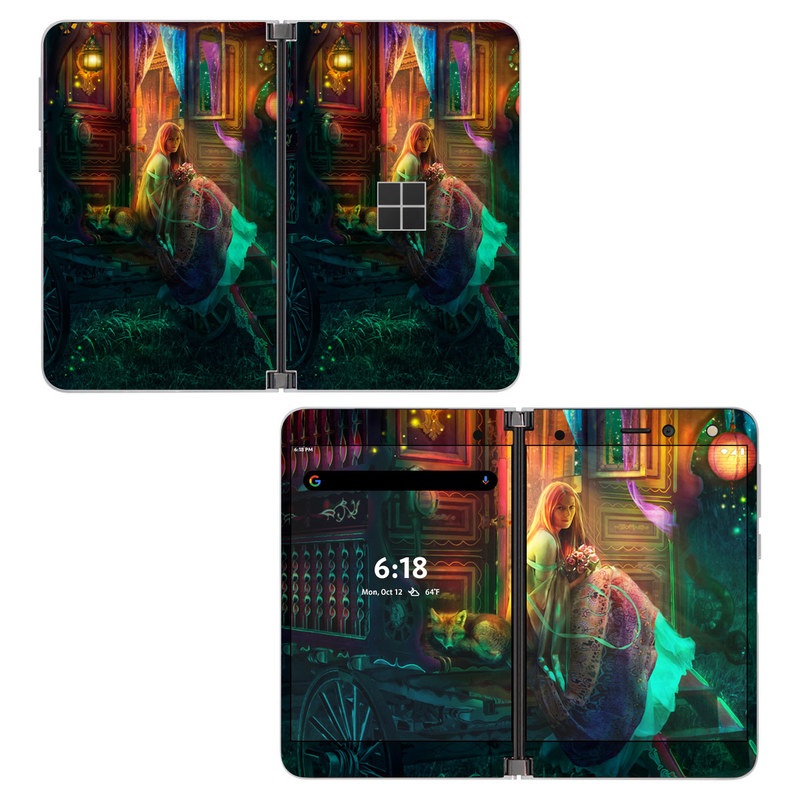 Microsoft Surface Duo Skin design of Illustration, Adventure game, Darkness, Art, Digital compositing, Fictional character, Games, with black, red, blue, green colors