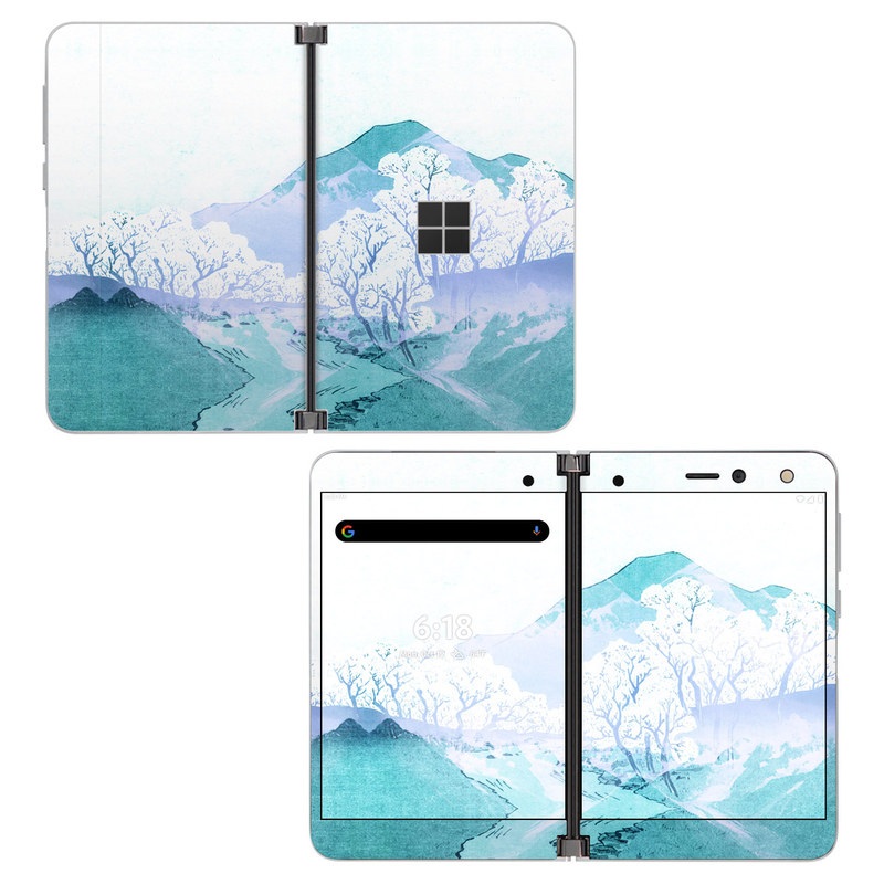 Microsoft Surface Duo Skin design of Polar ice cap, Mountainous landforms, Glacial landform, Natural landscape, Mountain, Glacial lake, Glacier, Ice cap, Ice, Water, with white, blue, black colors